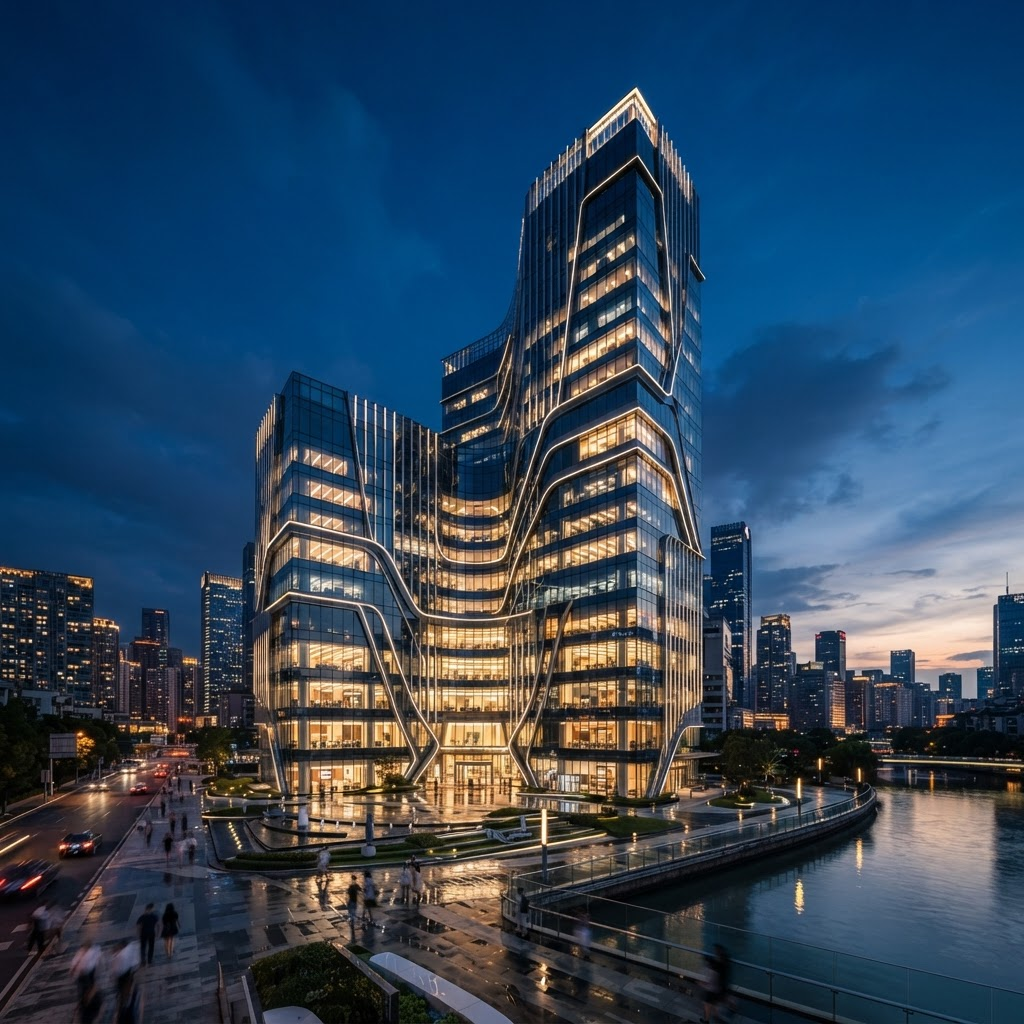 Modern smart building illuminated at dusk